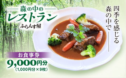 森の中のレストランふらんす屋 お食事券 9,000円分（1,000円分×9枚） ふるさと納税 食事券 チケット 森の中 レストラン テラス ドッグラン わんちゃんルーム 四季 自然 千葉県山武市 SMCB003