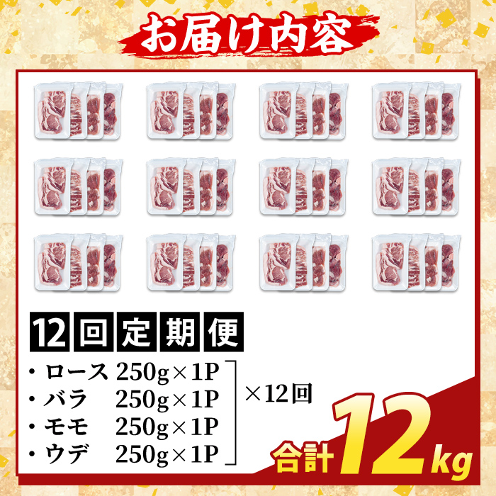 K-379-F ＜12回定期便＞鹿児島県産霜降りトロ豚 焼肉用バラエティセット(合計12kg)【ふるさと産直バザール】霧島市 ロース バラ ウデ モモ 焼き肉 ヤキニク 豚肉 国産 鹿児島県産 肉 精