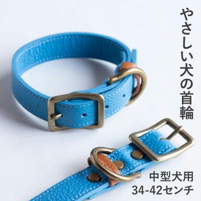 ふるさと納税 和泉市 首輪 本革 イタリアンレザー ブルー 中型犬用 (34-42センチ)ペット用品【dc-01ss】
