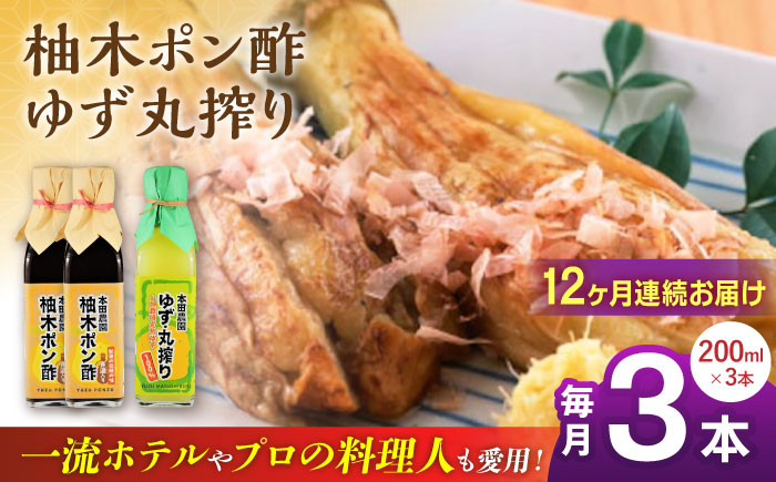 
            【全12回定期便】柚木ポン酢 200ml 2本 柚子丸搾り 200ml 1本 柚子 ゆず ポン酢 ゆずポン酢 ゆずポン 調味料 熊本 山都町【本田農園】[YDL043] 
          