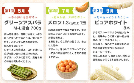 【先行予約】とれたて定期便～北海道旭川市から旬の定期便～全6回 | アスパラ メロン とうもろこし お米 かぼちゃ じゃがいも_05690
