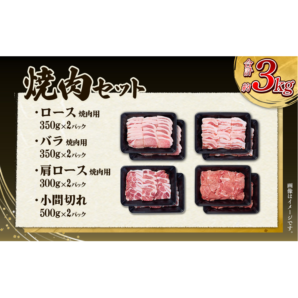 【3回定期便】豚肉 宮崎県産 いもこ豚 焼肉 セット 3kg × 3回 総合計 9kg 切り落とし 小分け 豚 豚バラ バラ ロース 肩ロース スライス 小間切れ 焼肉用 焼き肉 BBQ 鉄板焼き 豚