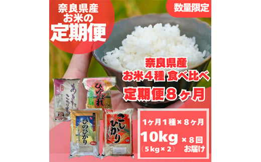 ＜毎月定期便＞〈お米食べ比べ〉奈良県産　おすすめ4種(精米)10kg(5kg×2)×全8回【4014006】