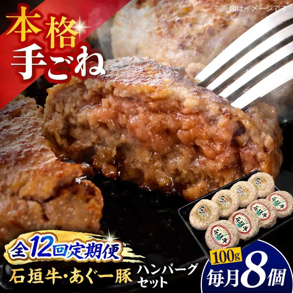 【全12回定期便】沖縄県産 あぐー豚＆石垣牛 ハンバーグセット 800g (100g×8個) 豚 牛 ハンバーグ 冷凍 ギフト お取り寄せ 沖縄市 / お肉屋本店[BCAZ017]