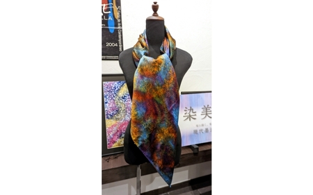 墨流し染 シルク スカーフ (01オレンジ緑) ／ 一点物 絹 現代風 アート サテン織 贈り物 上品 染美堂 奈良県 葛城市【snbd010】