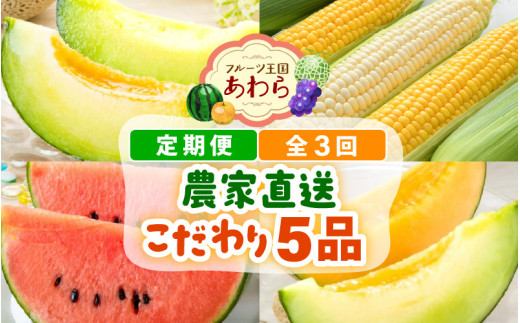【先行予約】≪定期便/全3回≫フルーツ王国あわらのこだわり5品 農家直送 厳選品／ 期間限定 果物 フルーツ 青肉メロン 赤肉メロン 西瓜 とうもろこし 産地直送 ※2027年6月中旬より順次発送 [aw039-c002]