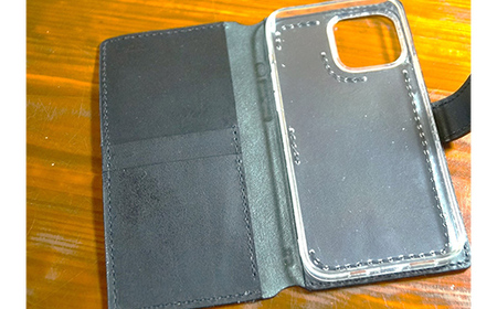 本革製手帳型iPhoneカバー iPhone13ProMax用 ＜ブラック＞ 国産牛ヌメ革 ハンドメイド スマホ 手帳型 カバー iPhone iPhone13ProMax 本革 レザー 革製品 黒 