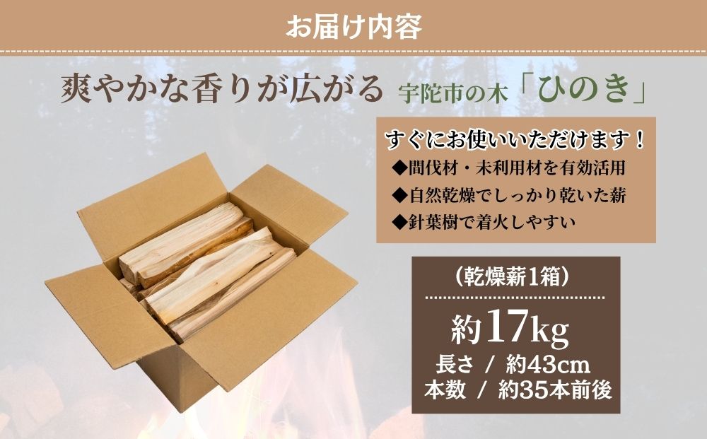 宇陀市産 ひのき 薪 約17kg×1箱 ／ ふるさと納税  檜 針葉樹 焚き火用 キャンプ アウトドア 香りの良い 間伐材 43cm 軽量 初心者向け ストーブ 奈良県 宇陀市 薪屋しろべい