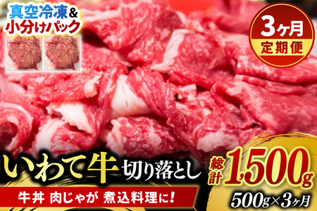 ＼3ヶ月連続 定期便／ 切り落とし 肉 牛肉 小分け 真空冷凍 いわて牛 500g (総計 1,500g) 岩手県産 和牛 牛肉 黒毛 和牛 切り落とし肉 大容量 肉 すき焼き 肉じゃが 煮込み 煮物 赤身 国産牛 小分け 冷凍 数量限定 (AB099)