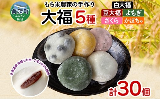 もち米農家の大福 5種 計30個 セット もち米 米 お米 大福 和菓子 お菓子 デザート モチモチ もちもち おやつ 国産もち米 国産 日本産 つきたて 冷凍 本格的 お取り寄せ ご当地 送料無料 北海道 美深町