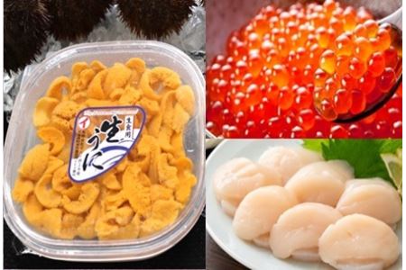 エゾバフンウニ塩水パック150g×1P、いくら醤油漬け150g×1P、お刺身ホタテ貝柱500g×1P[11月下旬以降発送] E-71016