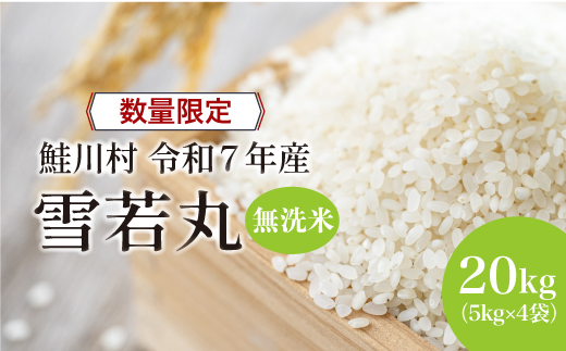 ◇数量限定品◇ 令和8年9月中旬発送 ＜令和7年産＞ 雪若丸 【無洗米】 20kg （5kg×4袋）鮭川村
