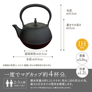 南部鉄器　鉄瓶　末広肌　1.2L IH調理器 伝統工芸品 やかん ケトル キッチン用品 食器 日用品 雑貨[BS016]