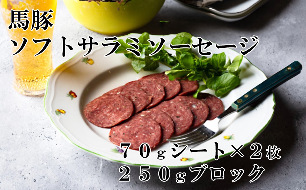 
                  馬豚ソフトサラミソーセージ（70gシート×2枚＆250gブロック×1個）  馬肉 豚肉 お肉 冷凍 山梨 やまなし 富士川町
                