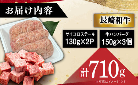 【 A5ランク 】 長崎和牛 サイコロ ステーキ 130g×2パック ハンバーグ150g×3個 《小値賀町》【有限会社肉の相川】 [DAR002] ハンバーグ サイコロステーキ 和牛 牛肉 黒毛和牛 