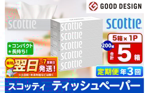 《4ヶ月ごとに3回お届け》定期便  ティッシュペーパー スコッティ ティシュー 5箱×1パック【レビューキャンペーン中】 秋田市オリジナル