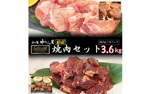 
肉の匠中むら屋厳選　 お肉讃歌焼肉セット3.6kg　 (300ｇ×各6パック 合計12パック) 牛タン 牛ハラミ 【1620】
