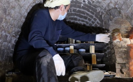 あんじ窯 陶　井口の（ペア）備前緋襷湯呑碗（朝顔型）口径10cm 高さ5.5cm 食器 雑貨 キッチン用品 和 和風 普段使い 備前土 薪窯 四昼夜焼成 緋色模様 熱さを感じにくい 小鉢 個性 高温 