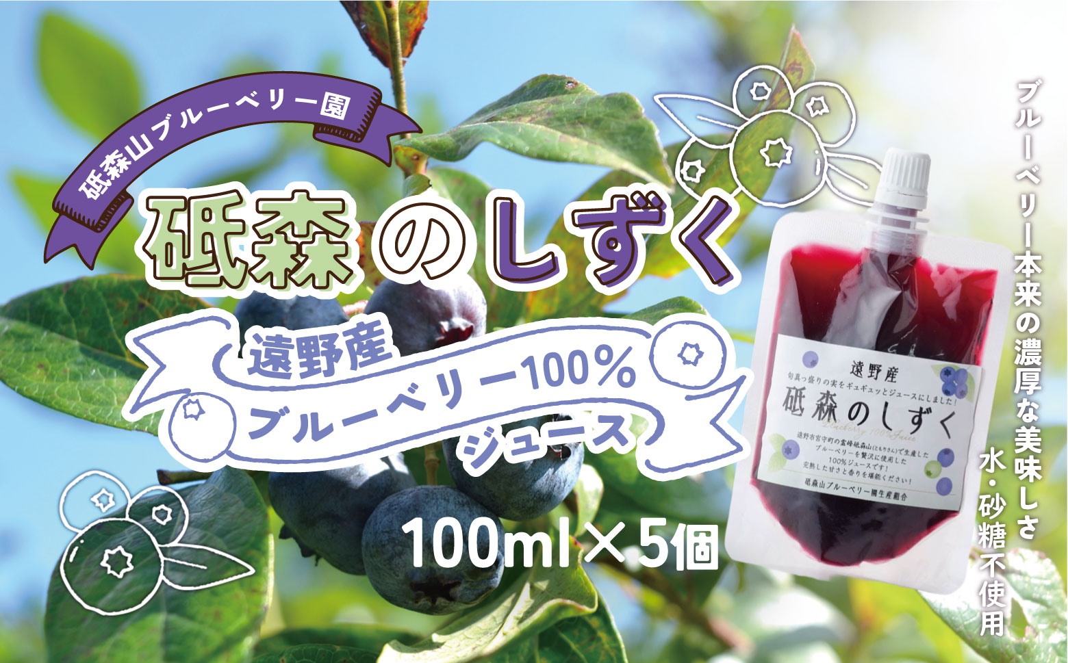 ブルーベリー ジュース 果汁100% （100ml ×5パック） 岩手県 遠野市 遠野食工房蔵