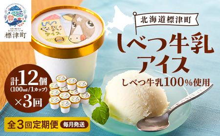 【毎月定期便】しべつ牛乳アイス12個　アイスクリーム 無添加 詰め合わせ全3回【配送不可地域：離島】【AE013】