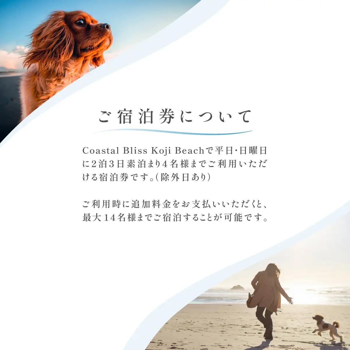 ２泊３日素泊まりプラン宿泊券／４名様まで（平日・日曜宿泊限定） Coastal Bliss Koji Beach 1棟貸切貸別荘 旅行 宿泊 補助券 チケット サウナ ジャクジー 友人 ファミリー お