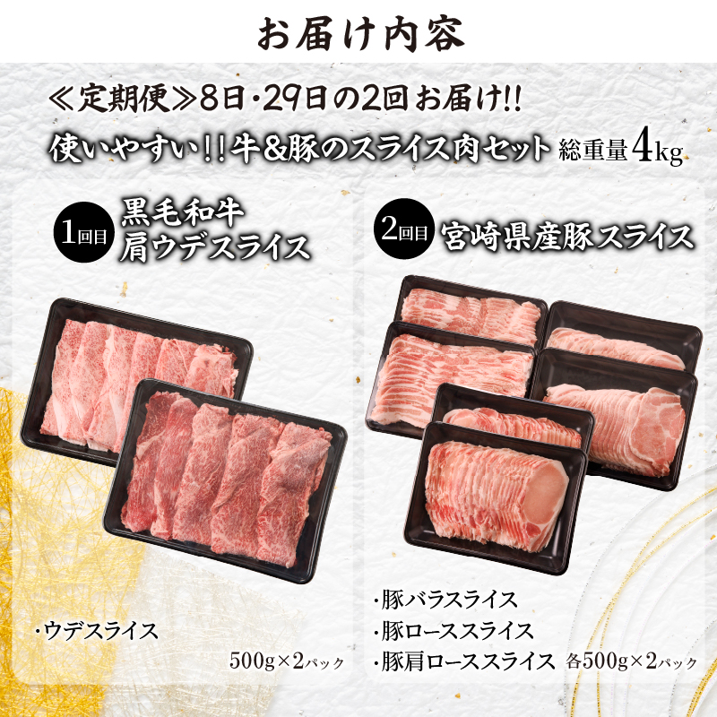 ≪定期便≫＼1か月に2回お届け!!／使いやすい!!牛＆豚のスライス肉セット【総重量4kg】_T030-042【肉 牛 牛肉 おかず 国産 人気 ギフト 食品 すき焼き しゃぶしゃぶ BBQ 贈り物 送