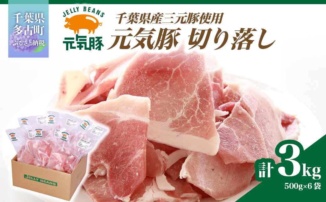 【小分けで便利】国産 元気豚 切り落とし 3kg(500g×6袋)　千葉県産三元豚　パラパラ凍結【配送不可地域：離島・北海道・沖縄県】 TAKB011