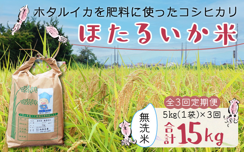 
                  ほたるいか米（無洗米５kg）×3回 計15kg【3ヶ月定期便】令和7年産 訳あり 米 コシヒカリ こしひかり 頒布会 産直 ほたるいか ホタルイカ お米 ブランド米 富山 滑川 農家直送 お米 おこめ こしひかり ホタルイカ 蛍烏賊 富山県 滑川市 コンシェルジュ 訳あり　kome 5キロ ごはん おにぎり 時短 手軽
                
