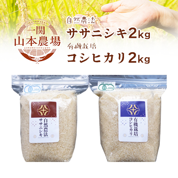《 新米先行予約 》令和7年産 新米 自然農法 ササニシキ 2kg 有機栽培 コシヒカリ2kg セット 【精米】