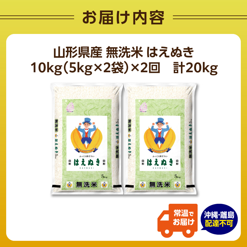 《2ヶ月定期便》山形県産 無洗米 令和7年産 はえぬき 10kg(5kg×2袋)×2ヶ月(計20kg)【山形県産 BG精米製法】