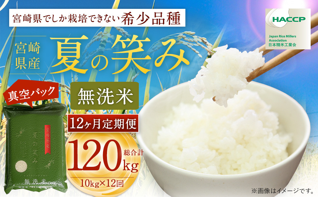 ＜【12ヶ月定期便】令和6年産 宮崎県産 夏の笑み（無洗米）2kg×5袋 計10kg（真空パック）＞お申込みの翌月中旬以降に第1回目発送（8月は下旬頃） 米 夏の笑み 無洗米 精米 希少 品種 白米 