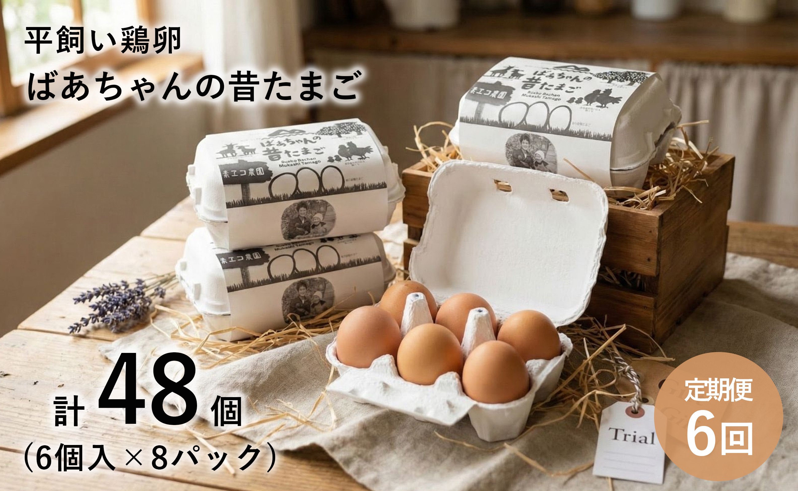 
                  【定期便】全6回 素ヱコ農園 平飼い鶏卵「ばあちゃんの昔たまご」 定期便 48個(6個入×8パック)
                