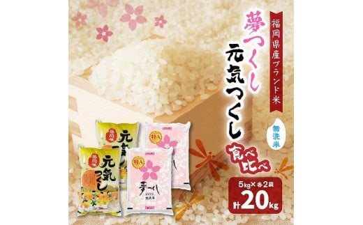 【令和5年産】福岡県産米食べ比べ＜無洗米＞「夢つくし」と「元気つくし」セット　各10kg（5kg×2袋）計20kg【米 ブランド米 ブランド 白米 元気つくし 夢つくし 食べ比べ 令和5年産 家庭用 お取り寄せ お土産 福岡県産 取り寄せ グルメ 福岡県 大任町 AS019】