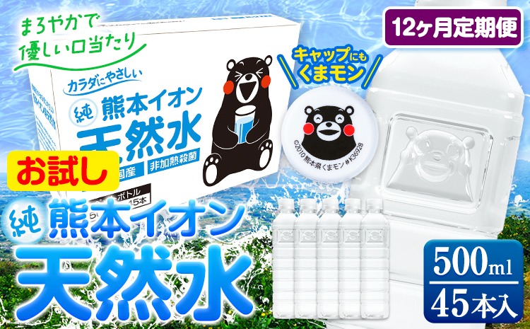 【12ヶ月定期便】水 500ml 家計応援 くまモン の ミネラルウォーター 天然水 熊本イオン純天然水 ラベルレス 45本 500ml 《申込み翌月から発送》 飲料水 定期 備蓄 備蓄用 箱 ペットボトル 防災用 調乳 ラベル ミネラルウオーター---gkt_gfrsttei_24_72000_45p_mo12---