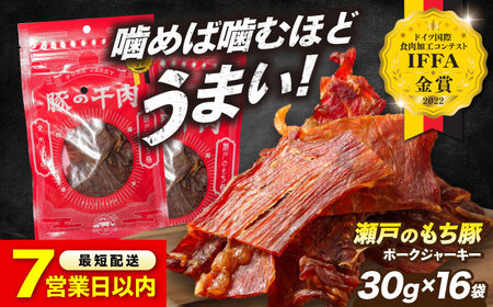 【スピード発送】肉「瀬戸のもち豚」ポークジャーキー 8袋(30g/16袋)×2パック [BAER053]ジャーキー