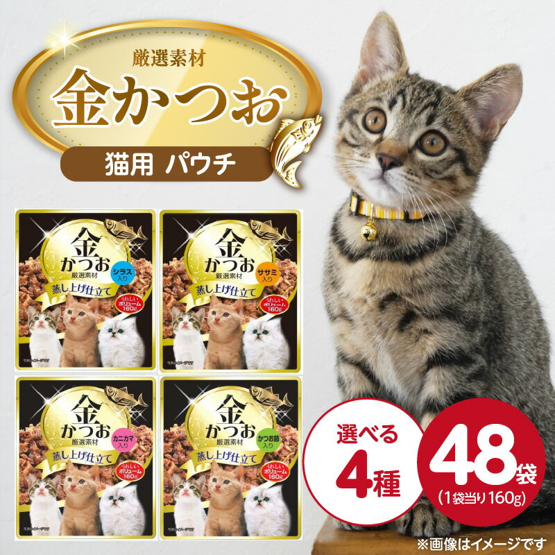 【ふるさと納税】金かつお 猫用 パウチ 160g × 48袋 選べる セット内容 シラス入り ササミ入り カニカマ入り かつお節入り 全年齢 対応 やさしい ゼリータイプ 水分補給 まぐろ かつお 健康維持 ウェットフード 自然派 おやつ キャットフード 福岡県 久留米市