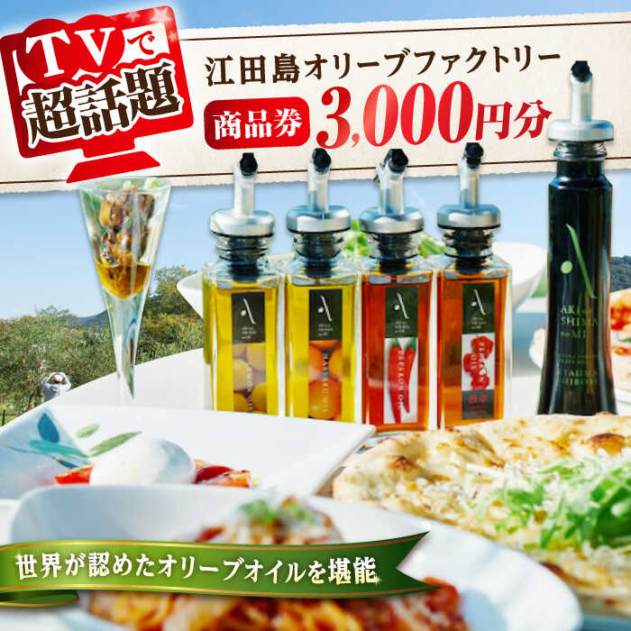 【ふるさと納税】オリーブオイル 商品券『江田島オリーブファクトリー』 商品券 3000円分（1000円分×3枚） オリーブオイル ドレッシング 調味料 油 食用油 オリーブ油 ギフト ギフト 国産 広島県産 人気 送料無料 高評価 江田島市/山本倶楽部株式会社[XAJ094]
