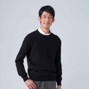 日本製 カシミヤ100% クルーネック ブラック Lサイズ [2647]