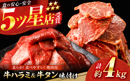 牛ハラミ ＆ 牛タン 味付け 各種約200g×10 総計約4kg / 訳あり 小分け 柔らかい 一口サイズ 【(有)山重食肉】[ATAP170]
