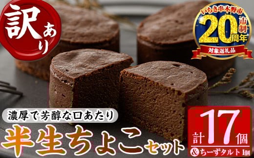 
            【家計応援】【訳あり！簡易包装】ご自宅用！濃厚で芳醇！ふんわりかるーい♪半生ちょこ 17個  ＋とろとろちーずタルト 1個 計18個 冷凍 個包装 スイーツ チョコレートケーキ【CP-016H】
          