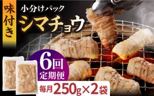【全6回定期便】【塩だれ】 九州産和牛 ホルモン シマチョウ 500g（250g×2袋）長与町/岩永ホルモン [EAX102] ホルモン焼き 国産 牛肉 ホルモン シマチョウ 小分け 味付き 冷凍 焼肉 焼き肉 和牛 塩 しお 牛 定期便 ていきびん 定期