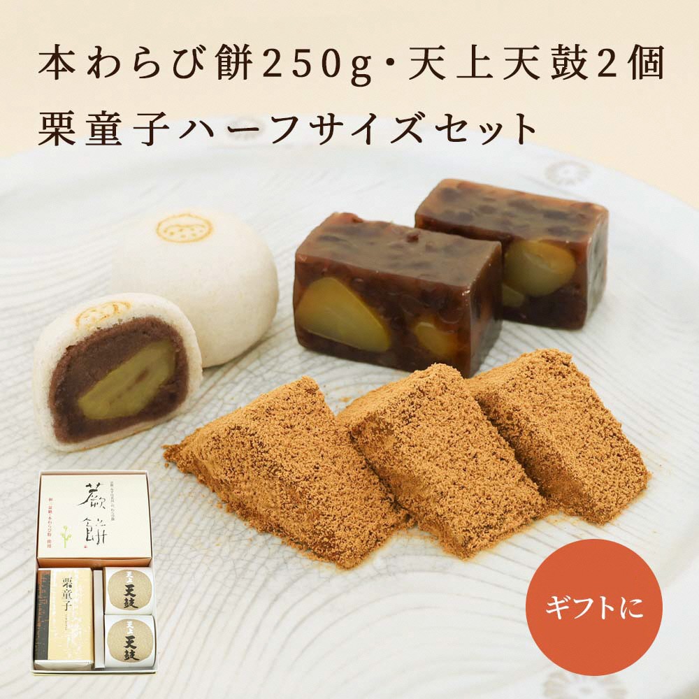 
                  本わらび餅250g・天上天鼓2個・栗童子ハーフサイズセット  ふるさと納税 わらび餅 わらびもち 京銘菓 まんじゅう 饅頭 栗羊羹 くりようかん 餅 もち 和菓子 わがし  京都府 長岡京市 NGG07
                
