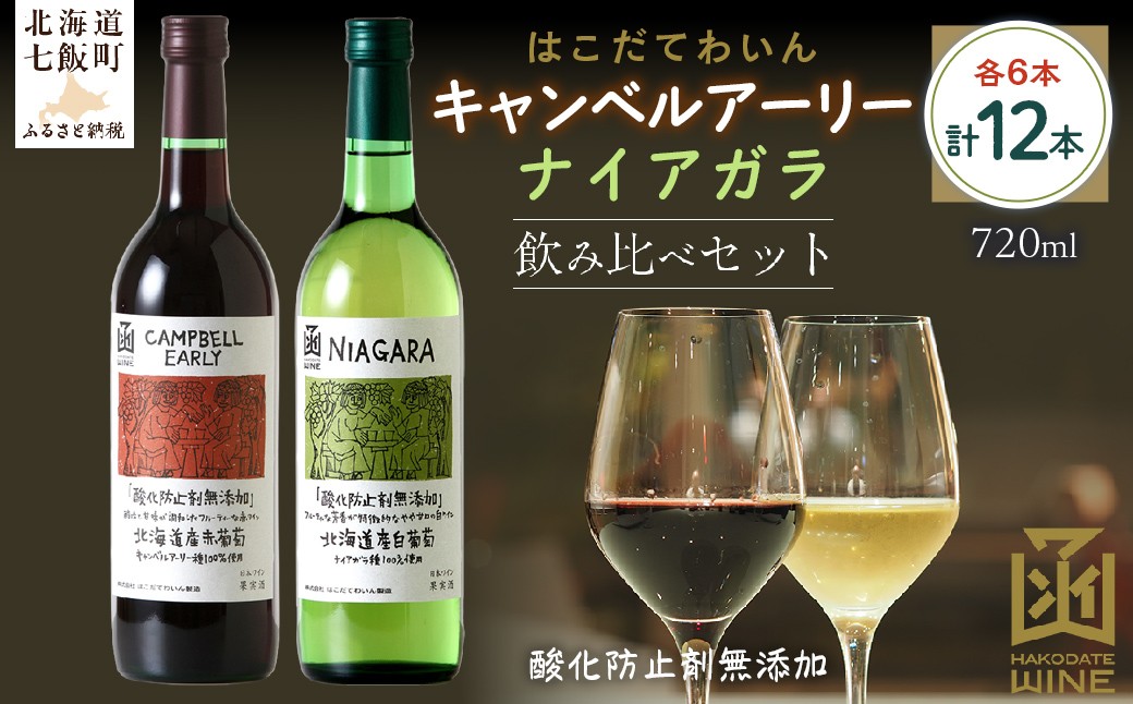 
            酸化防止剤無添加ワイン　飲み比べセット　12本（キャンベルアーリー6本・ナイアガラ6本） 【ふるさと納税 人気 おすすめ ランキング ワイン わいん お酒 おさけ 酒 アルコール ギフト プレゼント キャンベルアーリー ナイアガラ セット 北海道 七飯町 送料無料】 NAX036
          
