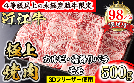 【森三商会】4等級以上の未経産雌牛限定　近江牛極上焼肉500g(カルビ・霜降りバラ・モモ)【GM11U】