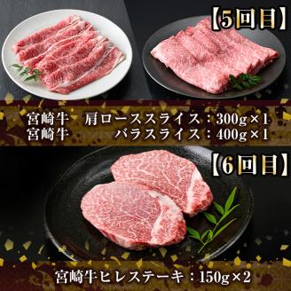 【定期便・全6回(連続)】宮崎牛定期便＜Aセット＞お楽しみ便 牛肉 国産 定期 ヒレ肉 モモ ウデ ロース バラ スライス 宮崎県産 黒毛和牛 焼肉 ステーキ しゃぶしゃぶ すき焼き【R-67】【株式