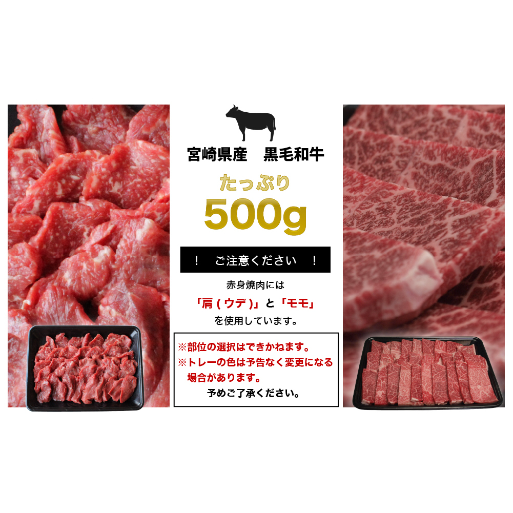 宮崎県産 黒毛和牛 赤身 焼肉 500g トレイ包装 [SHINGAKI 宮崎県 美郷町 31ag0074] 牛肉 ウデ モモ 焼肉 冷凍 九州産 送料無料 BBQ バーベキュー_イメージ5