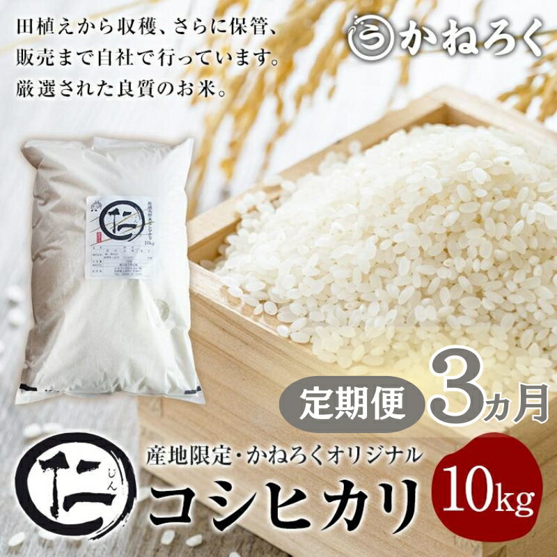 【ふるさと納税】【定期便】厳選コシヒカリ 仁米 3ヶ月連続でお届け！10kg　かねろく お米 こしひかり 白米 長野 上田市 シャリ 10キロ