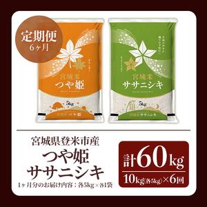≪令和7年産≫【6回定期便】ササニシキ・つや姫 計60kg (各5kg×6回配送) 登米市産 お米 おこめ 米 コメ 白米 ご飯 ごはん おにぎり お弁当 6か月 頒布会【登米ライスサービス株式会社】
