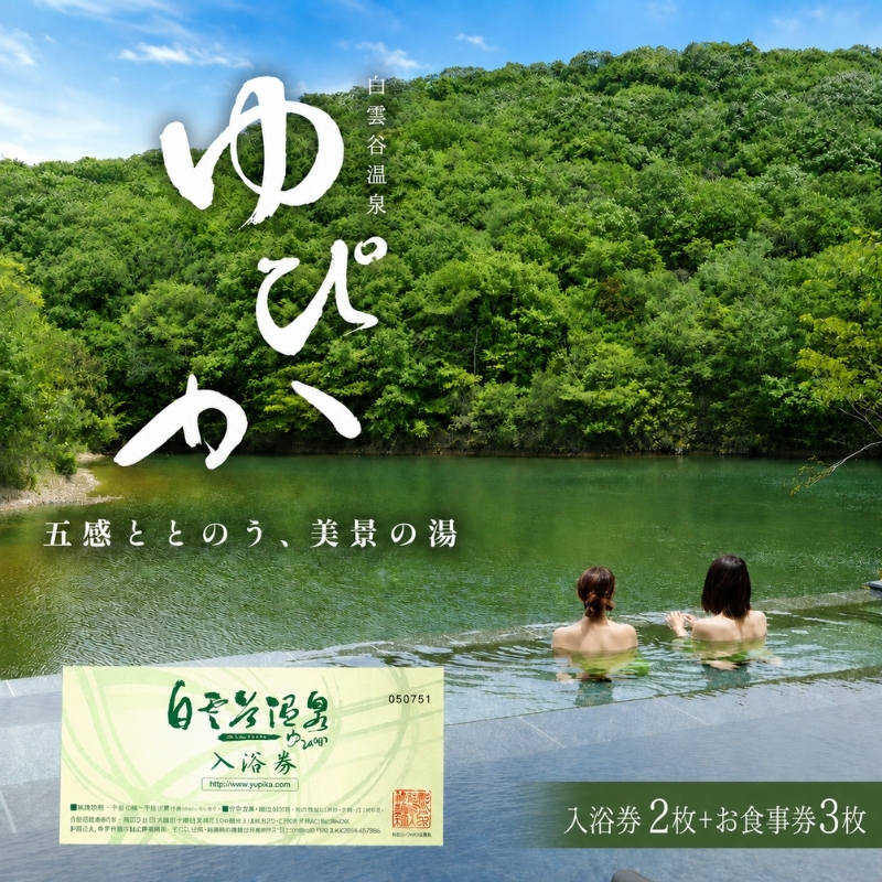 食事券 兵庫 白雲谷 温泉 ゆぴか 入浴券 2枚＋ お食事券 (1,000円) 3枚 セット 旅行 旅 温泉旅行 スパ サウナ 岩盤浴 マッサージ エステ 体験 体験型 子供 大人 チケット 券 ギフト券 ギフト 贈答 レストラン 健康 美容 兵庫県 小野市