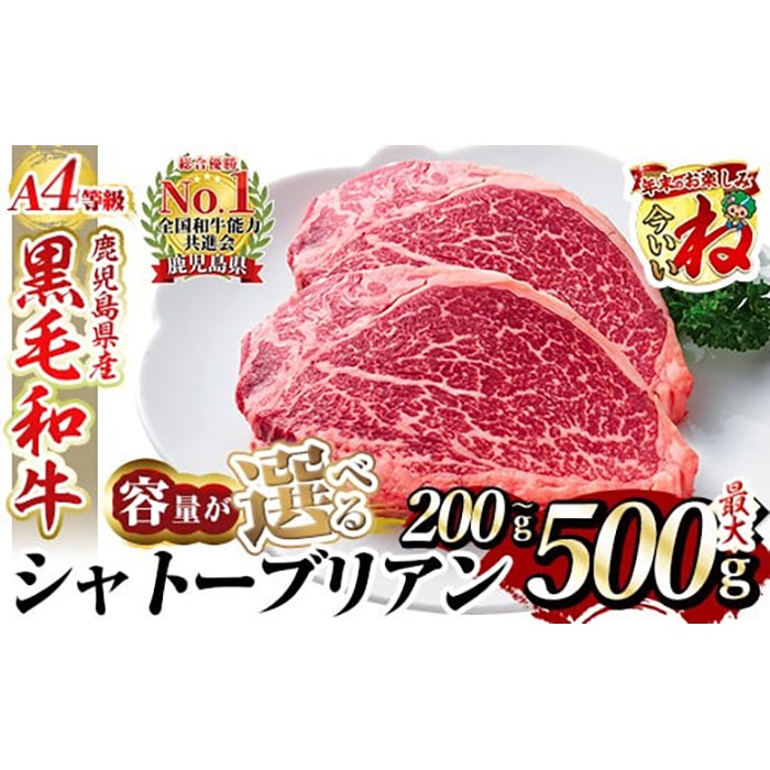 【一部寄附額改定】＜選べる容量＞A4等級 以上 鹿児島産黒毛和牛・シャトーブリアン(計200g～最大500g)【財宝】国産 牛肉 希少部位 フィレ ステーキ  a269 a271 a326 a1076